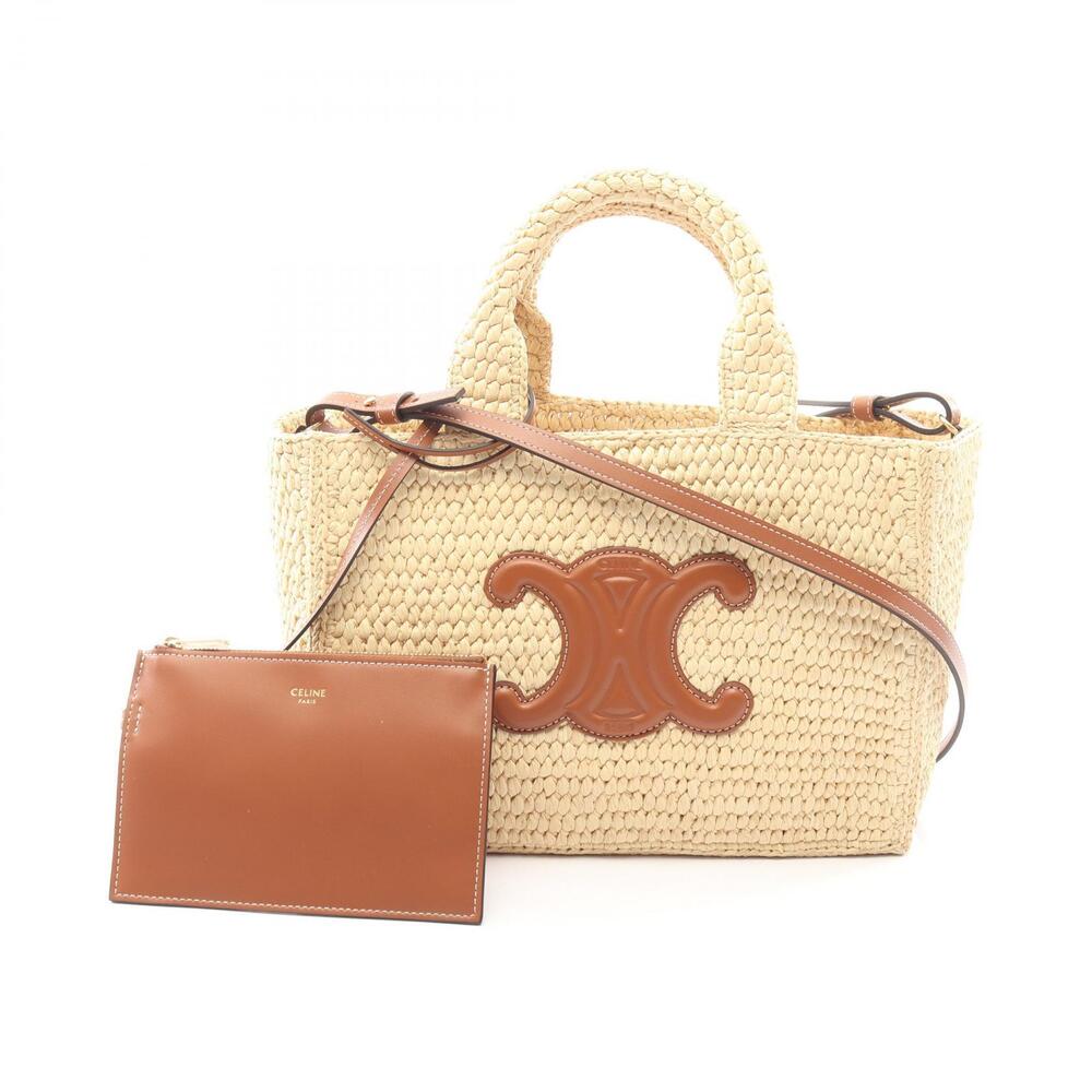 Celine Cabas Thais Tote Bag Leather Raffia Beige Brown